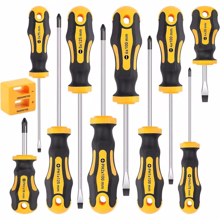 Set di 11 cacciaviti con punta magnetica, in acciaio cromo-vanadio, antiscivolo, comprensivo di 5 cacciaviti a taglio e 5 cacciaviti a croce, con custodia per attrezzi