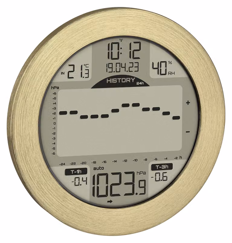 Stazione meteorologica Meteomar, pressione atmosferica, temperatura, umidità, orologio radio, oro