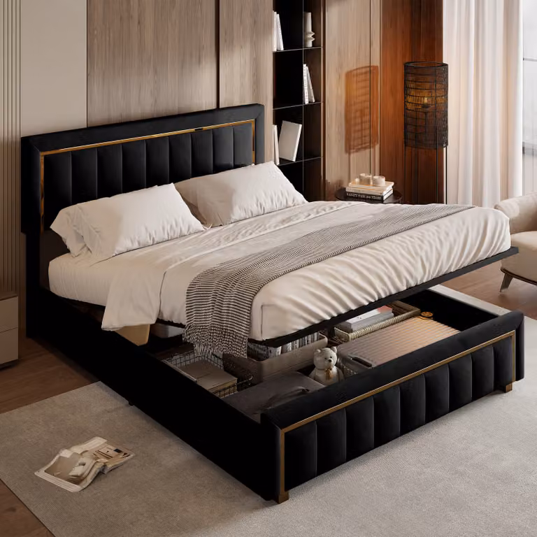 Letto imbottito matrimoniale 140x200 cm, con testiera, rete a doghe in legno, struttura nera, design moderno, ideale per camere da letto, comodo e funzionale