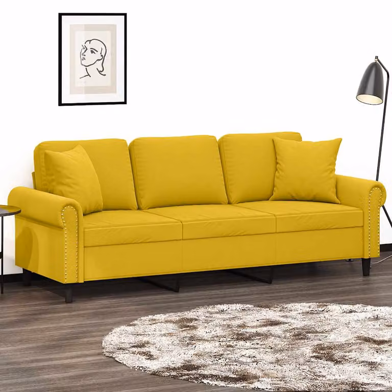 vidaXL Divano a 3 Posti Moderno in Velluto Giallo con Cuscini e Struttura in Metallo