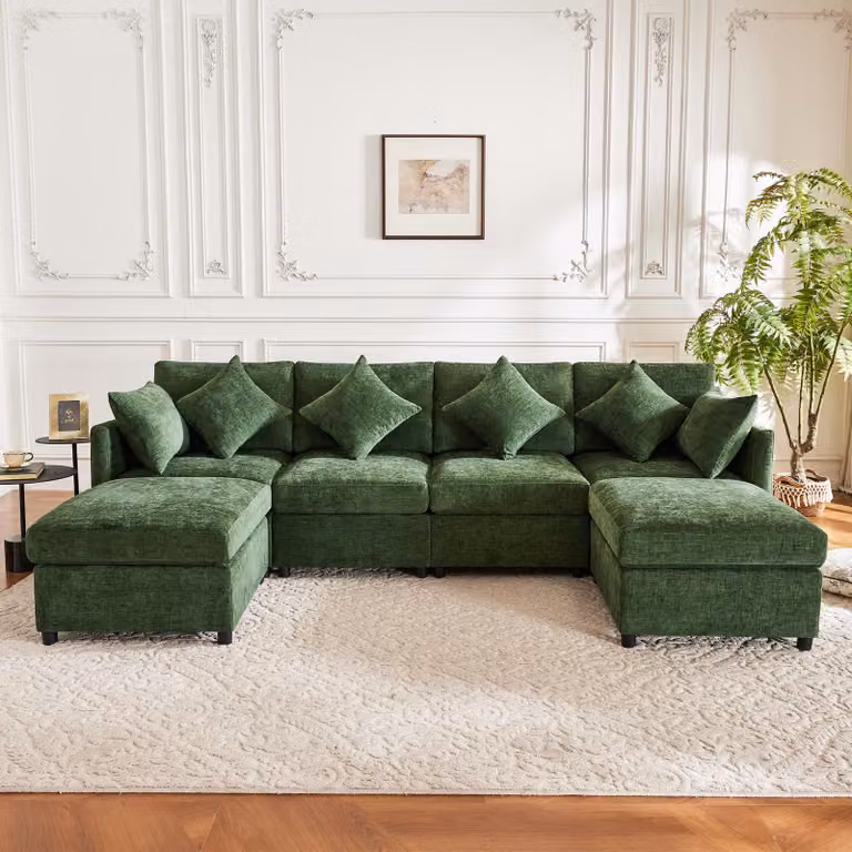 Divano angolare a L/U Merax a 4 posti, divano modulare con 2 pouf mobili e 6 cuscini, per soggiorno, appartamento e ufficio, divano in ciniglia, verde