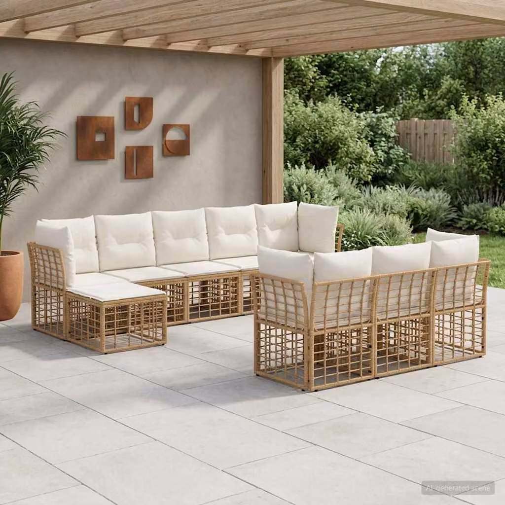Set di divani da esterno a forma di U vidaXL con cuscini, colore beige e bianco crema, struttura in metallo e rattan
