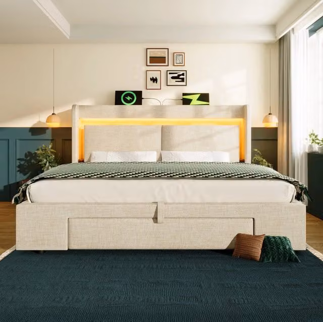 Letto matrimoniale 180x200 cm con contenitore idraulico; LED; USB e USB-C; beige in lino