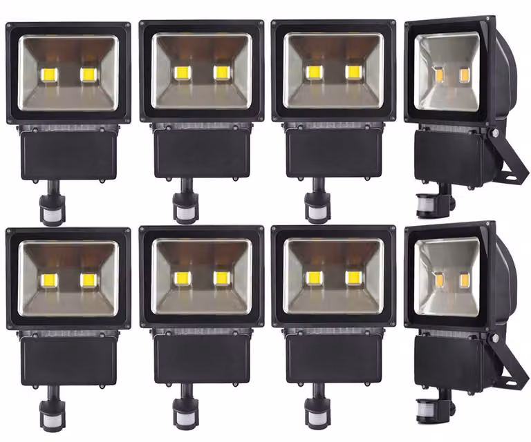 8 pezzi di faretti LED da 100 W con sensore di movimento PIR, Greenmigo bianco caldo impermeabile IP65 illuminazione di sicurezza super luminosa per giardino, cortile, magazzino, piazza, cartellone pubblicitario
