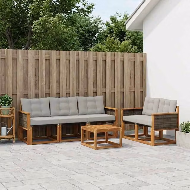 Set di mobili da giardino vidaXL composto da 7 pezzi in legno di acacia e tessuto textilene, colore beige e grigio, con divani, poltrone, tavolino da caffè e cuscini inclusi