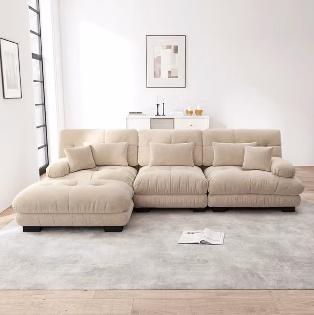Divano modulare con ottomane mobili in chenille; marrone chiaro; configurabile