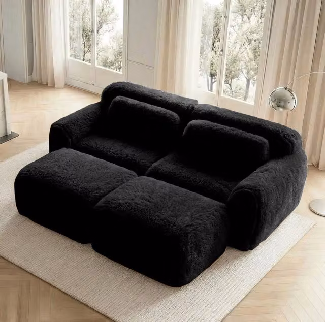 Divano modulare angolare in tessuto plush; 204x179x73 cm; nero