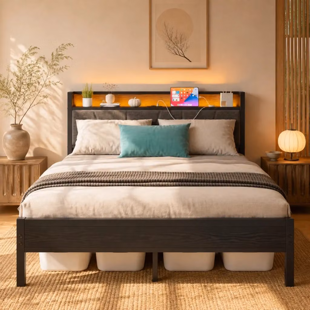 Letto Mivray con contenitore e testiera attrezzata, luci LED, porta USB e scomparti laterali, colore nero e grigio, L/P: 140 x 200 cm – 2