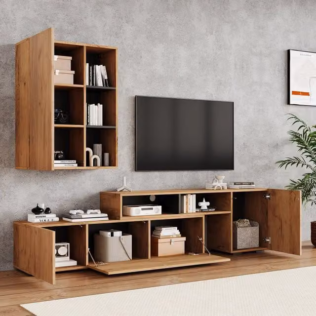 Set di mobili da soggiorno con mobile TV regolabile e pensile in truciolare rovere e nero 174 × 35 × 53;5 cm