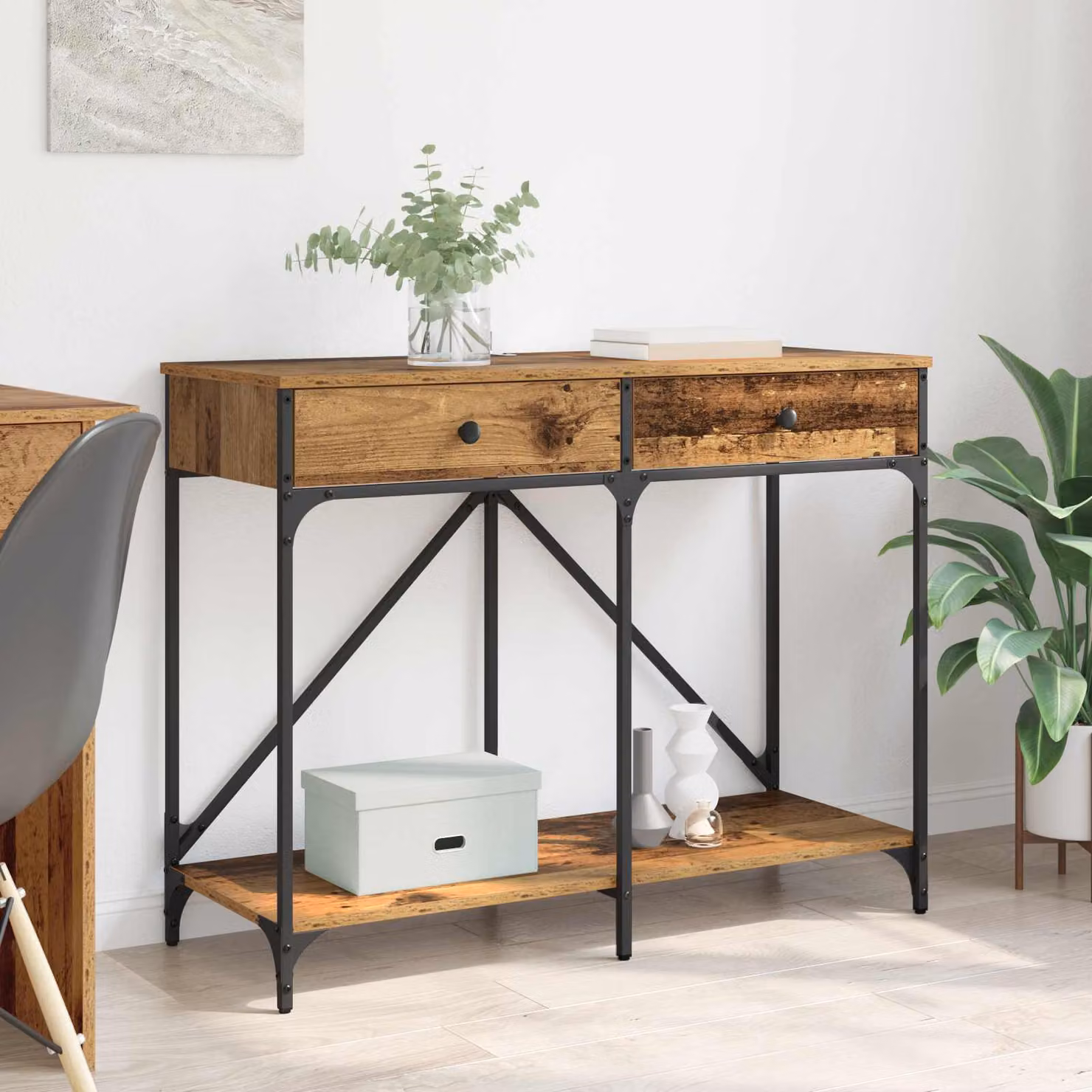 vidaXL Tavolo consolle in stile industriale color marrone con finitura legno vecchio L: 100 cm, P: 39 cm, H: 78,5 cm