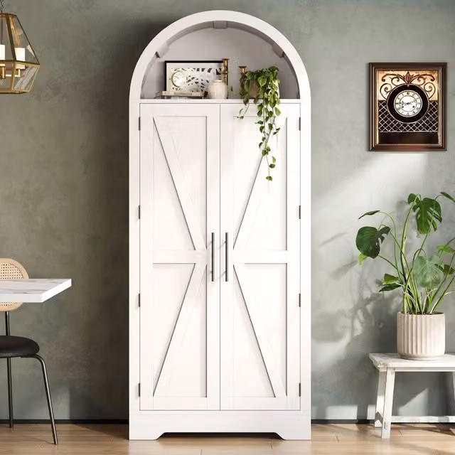 Vetrina alta con ante e ripiani regolabili, vano aperto ad arco, stile rustico moderno, bianca, 75 × 35 × 170 cm