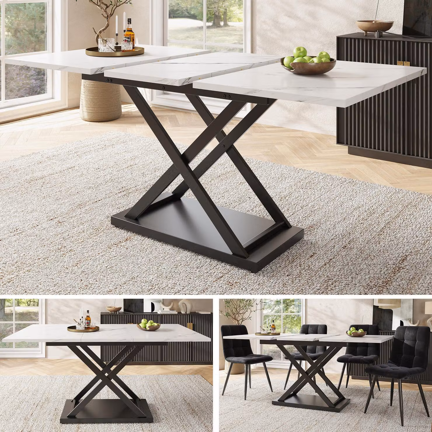 Tavolo da pranzo Fortuna Lai Tavolo telescopico (120-160×80 cm), tavolo da pranzo allungabile, tavolo da cucina salvaspazio, gambe incrociate in ferro nero, per cucina e soggiorno, tavolo da pranzo marmorizzato bianco