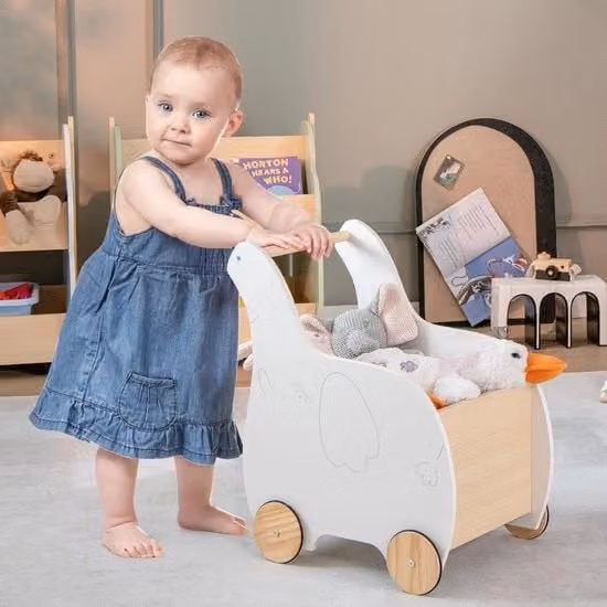 Carrello giocattolo in legno con spazio di stoccaggio e cassettino da traino per bambini, design elefante, bianco