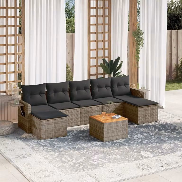vidaXL Set Divano da Giardino 8 pz in Polyrattan Grigio con Cuscini e Tavolino