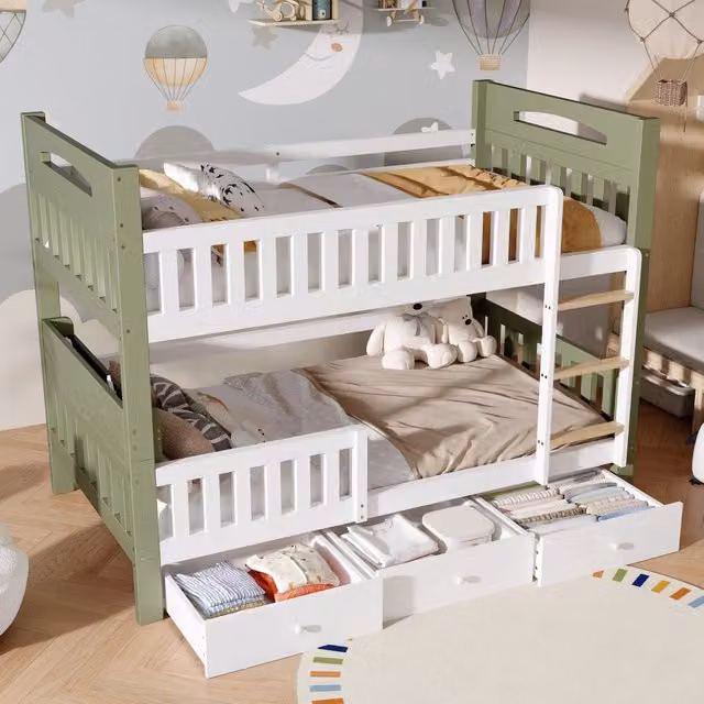 Letto a castello per bambini 90×200 cm con scala, barriera, ripiano e 3 cassetti, senza materasso, bianco e verde