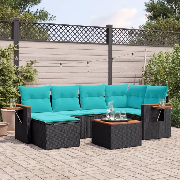 Set Divani da Giardino 7 pz con Cuscini Nero in Polyrattan