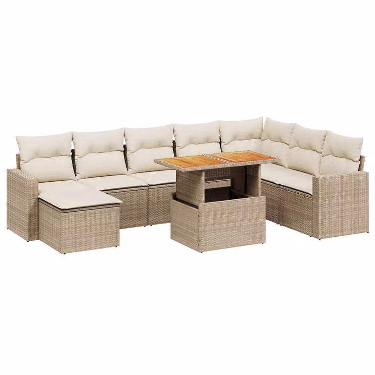 Set Divano da Giardino 9 pz con Cuscini Beige in Polyrattan