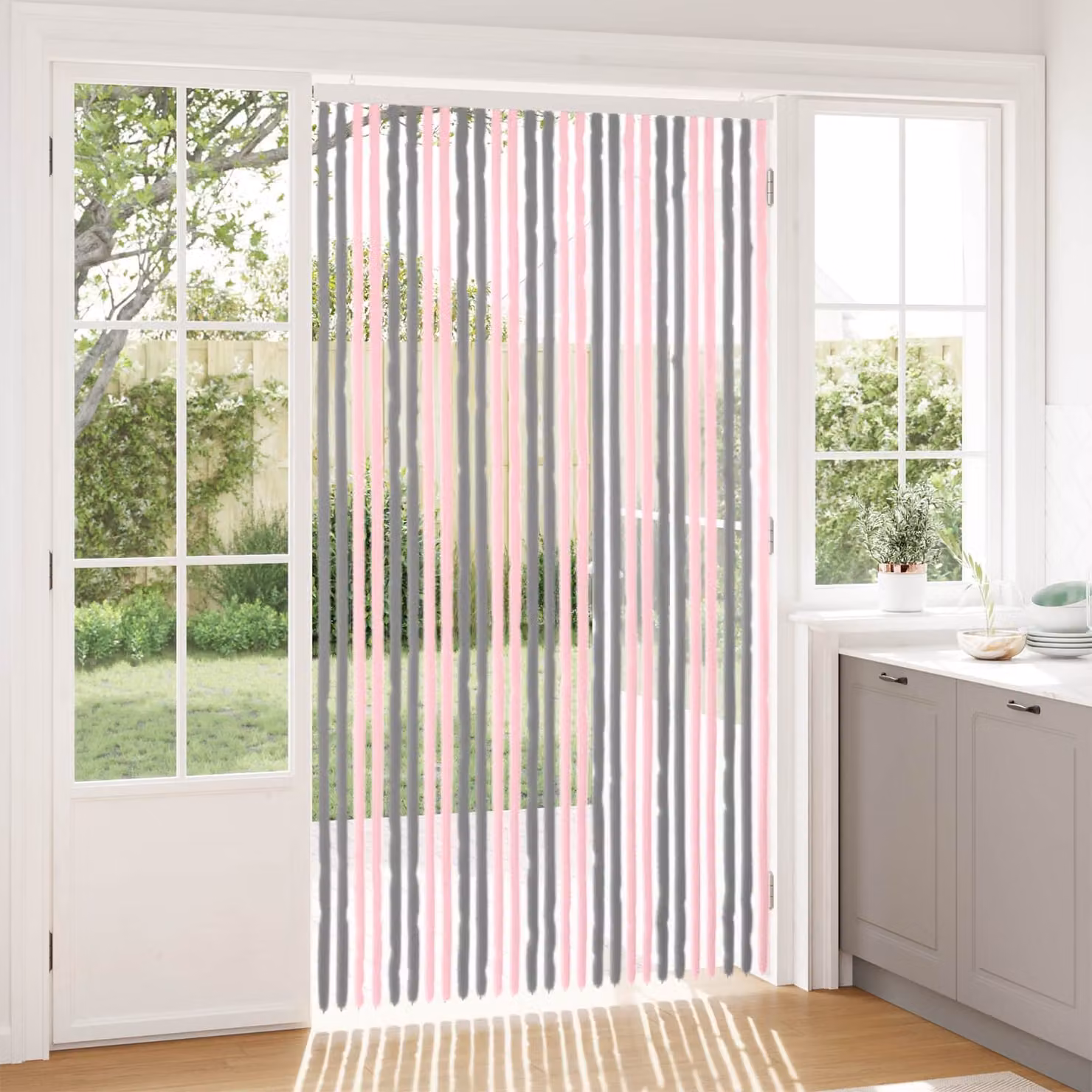 vidaXL Tenda a strisce in chenille e poliestere Grigio Argento e Rosa H: 220 cm x L: 118 cm