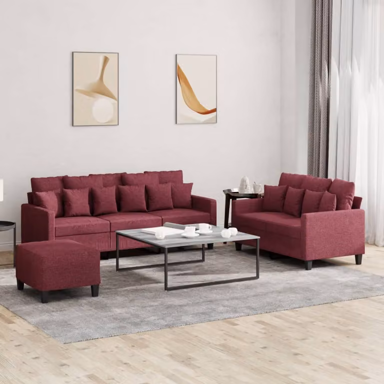 vidaXL Set di Divani 3 Pezzi Moderno in Tessuto Rosso con Cuscini e Pouf