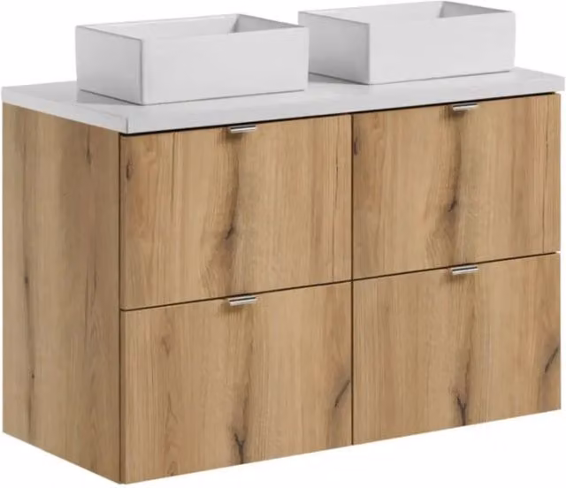 Set VANO finitura quercia e bianco 100cm: mobile sotto lavabo con cassetti + piano per lavabo + lavabi rettangolari da appoggio
