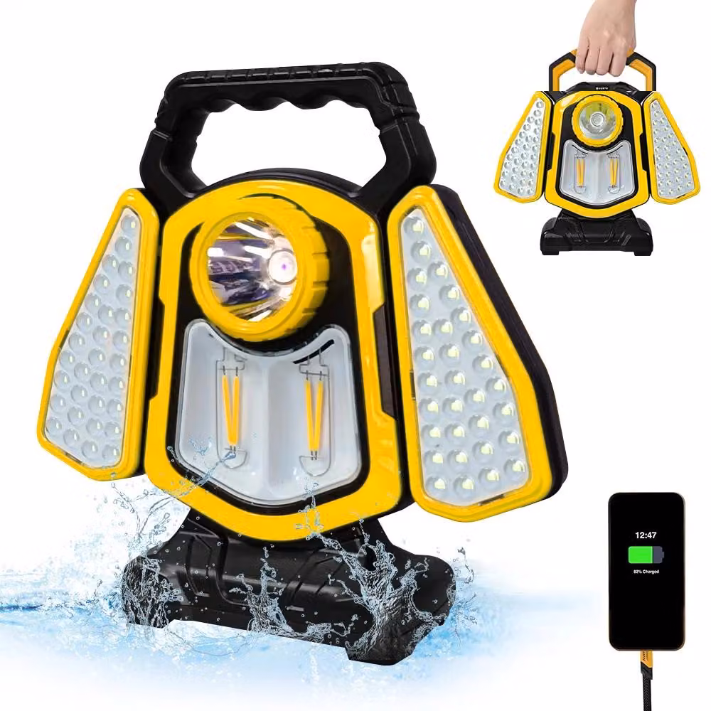 Lampada da campeggio solare portatile - Lampada da lavoro a LED - 5 modalità di illuminazione - Ricaricabile tramite USB - Ideale per campeggio, lavoro e illuminazione di emergenza