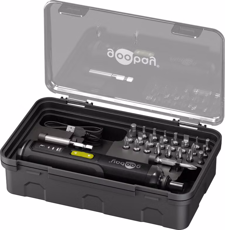 Goobay 77816 Set mini avvitatore a batteria 28 pezzi, nero, 0,5 m - Avvitatore a barra con set di utensili composto da 24 punte, 1 prolunga, 1 supporto e 1 adattatore in acciaio al cromo-vanadio