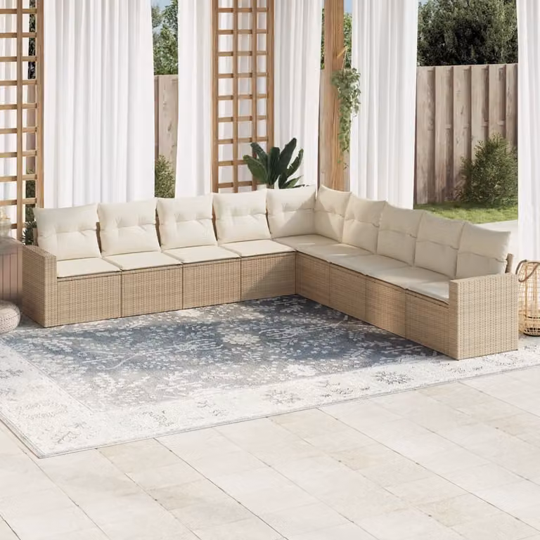 vidaXL Set Divano da Giardino a L 9 pz con Cuscini Beige e Struttura in Metallo e Polyrattan