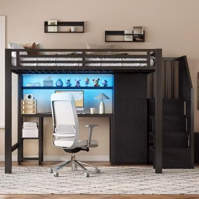 Letto a soppalco in metallo 140x200 con scrivania; armadio; scala contenitore e LED; nero