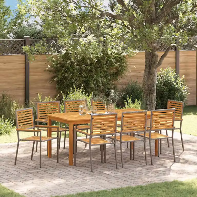 Set da pranzo da giardino vidaXL in rattan e legno di acacia, 9 pezzi, grigio e marrone, L: 180 cm x P: 90 cm x H: 75 cm