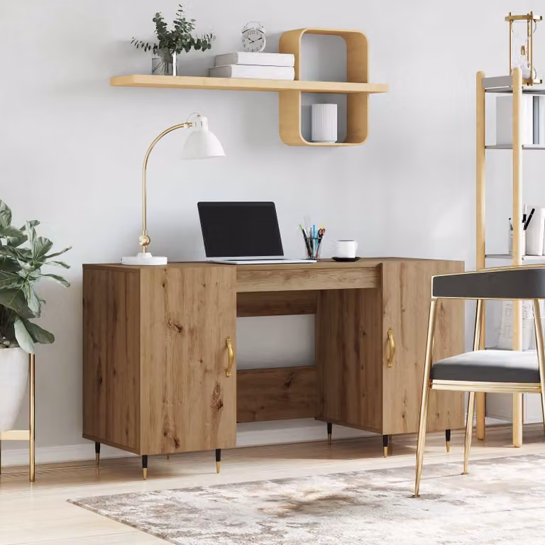 Scrivania moderna vidaXL in legno e MDF color rovere e beige, L: 140 cm, H: 75 cm, P: 50 cm