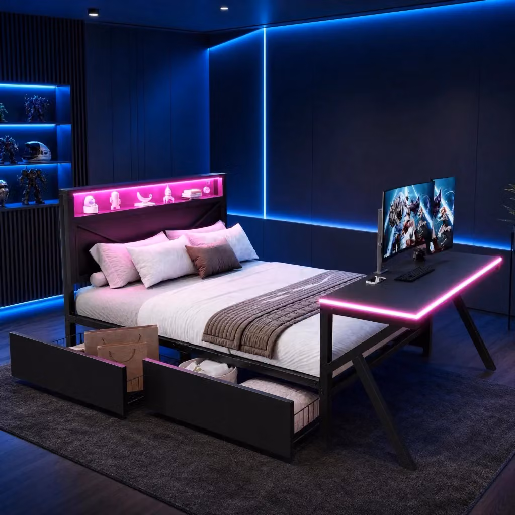 Letto singolo moderno con cassetti, scrivania e illuminazione LED, struttura in metallo e MDF nero, L/P: 140 x 200 cm – 2