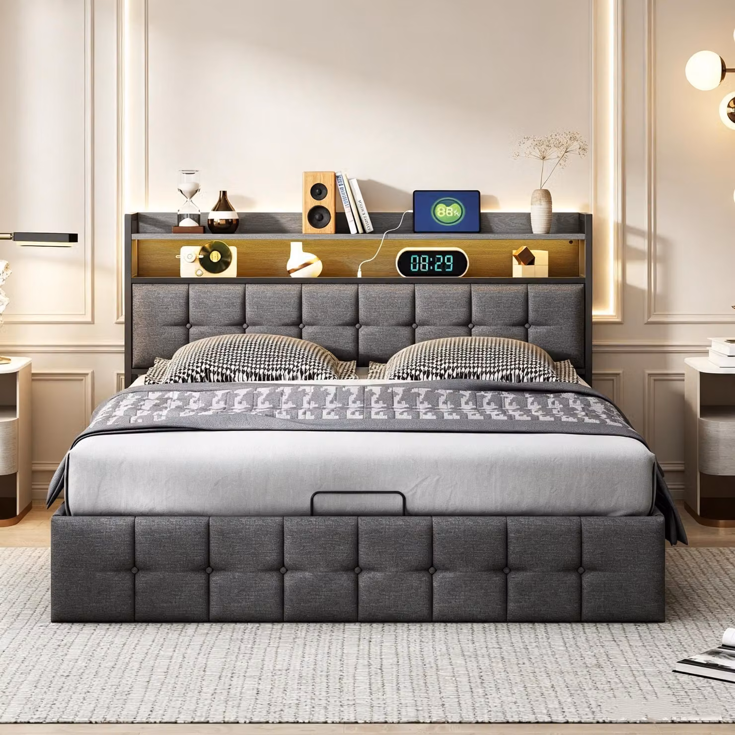 Letto matrimoniale con boxspring 160 x 200 cm, dotato di contenitore, imbottitura, illuminazione a LED e prese USB, con rete a molle e rivestito in lino, colore grigio