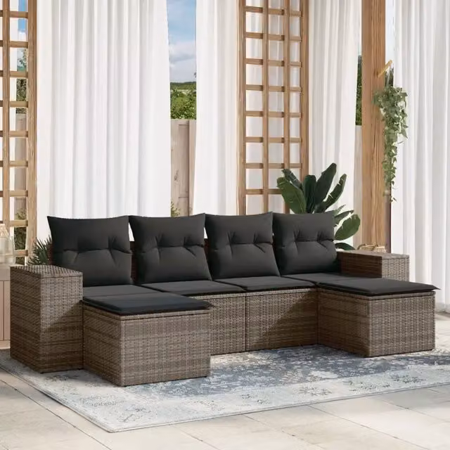 Set Divano da Giardino a L vidaXL in Polyrattan Grigio con 6 Cuscini e Ottoman – 1
