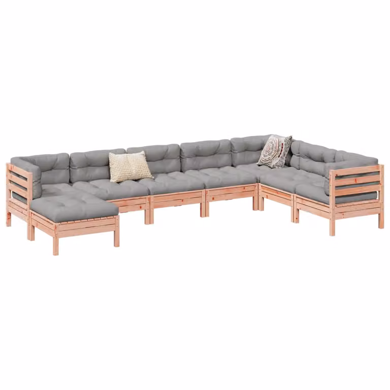 Set di divani da giardino vidaXL a forma di L composto da 8 pezzi con cuscini in tessuto marrone e grigio in legno massello di abete e abete rosso