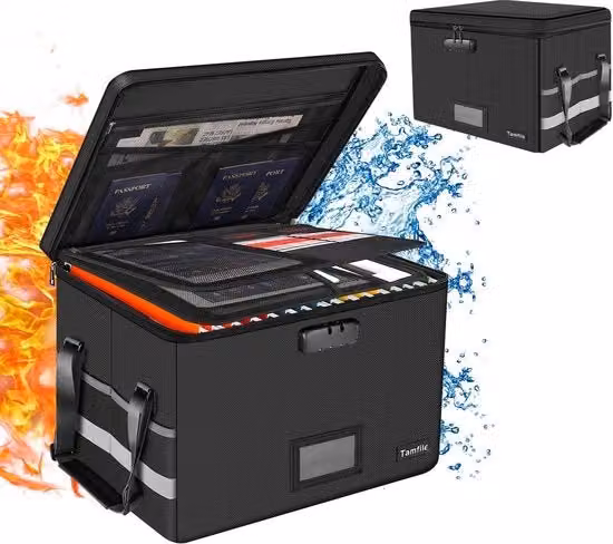 Scatola per documenti Tamfile resistente al fuoco e impermeabile, modello pieghevole con maniglie, colore nero