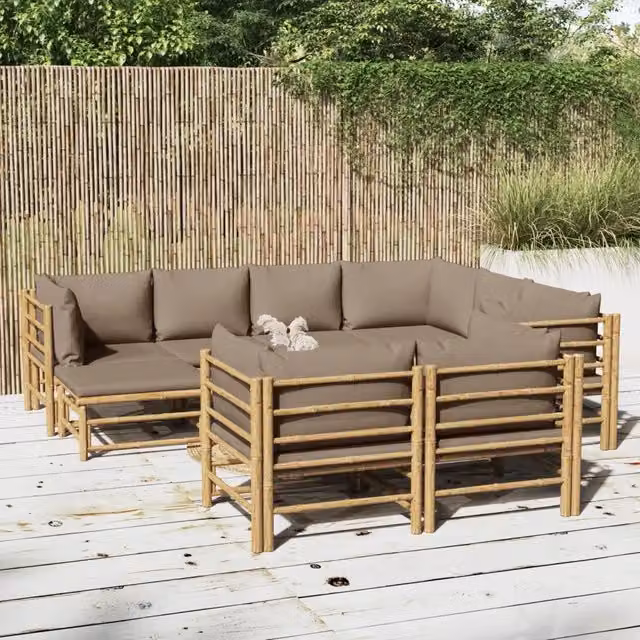 Set Salotto da Giardino Moderno vidaXL in Bambu con Cuscini Beige 10 Pezzi – 1