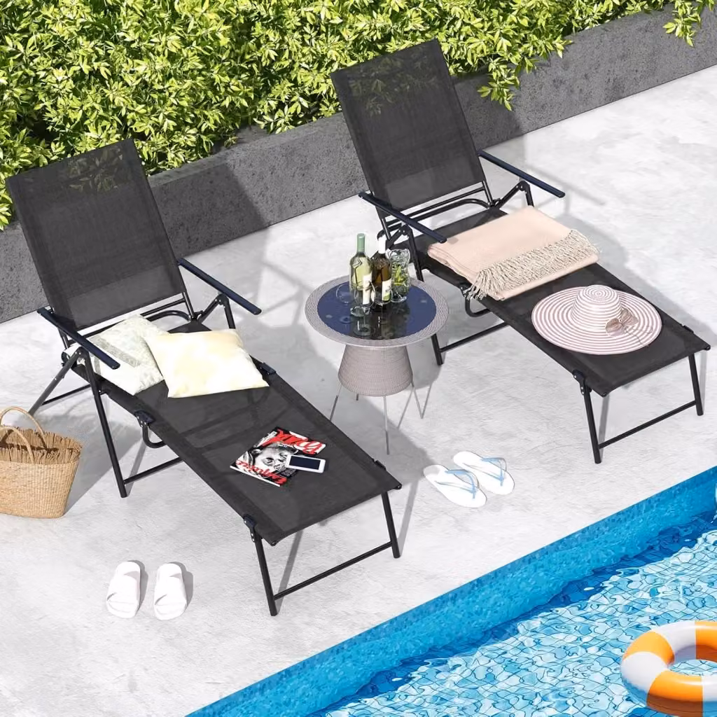 Set di 2 Lettini Prendisole Costway in Metallo e Textilene con Schienale Regolabile, Sdraio Pieghevoli per Giardino e Piscina, Colore Nero – 2