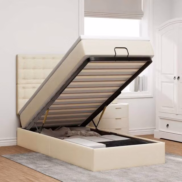 Letto con contenitore a sollevamento vidaXL in tessuto beige e bianco con materasso, L 200 x P 80 x H 140 cm – 1