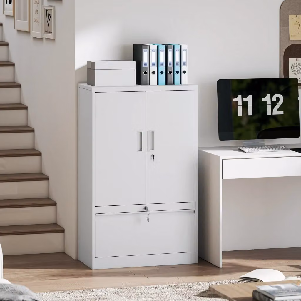 Armadietto da ufficio Giordanoshop in metallo bianco con ante a battente, cassetti e ripiani regolabili L/P/H: 80 x 40 x 130 cm – 2