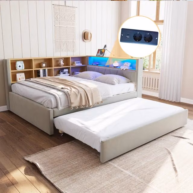 Letto divano OKWISH grigio con illuminazione LED, porte USB e USB-C, contenitore e vani laterali, L/P/H: 200 x 140 x 76 cm