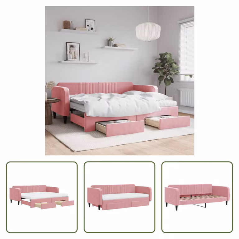 The Living Store Daybed allungabile con cassetti Rosa 90x200 cm in velluto