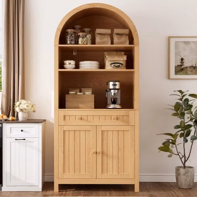 Mobile da cucina, libreria, ante a doppia apertura, ripiano interno per le spezie, in truciolato + MDF, colore legno naturale