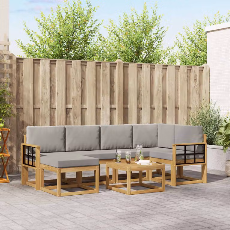 vidaXL Set di divani da esterno 7 pz in legno di acacia con cuscini, Bianco, Grigio e Marrone