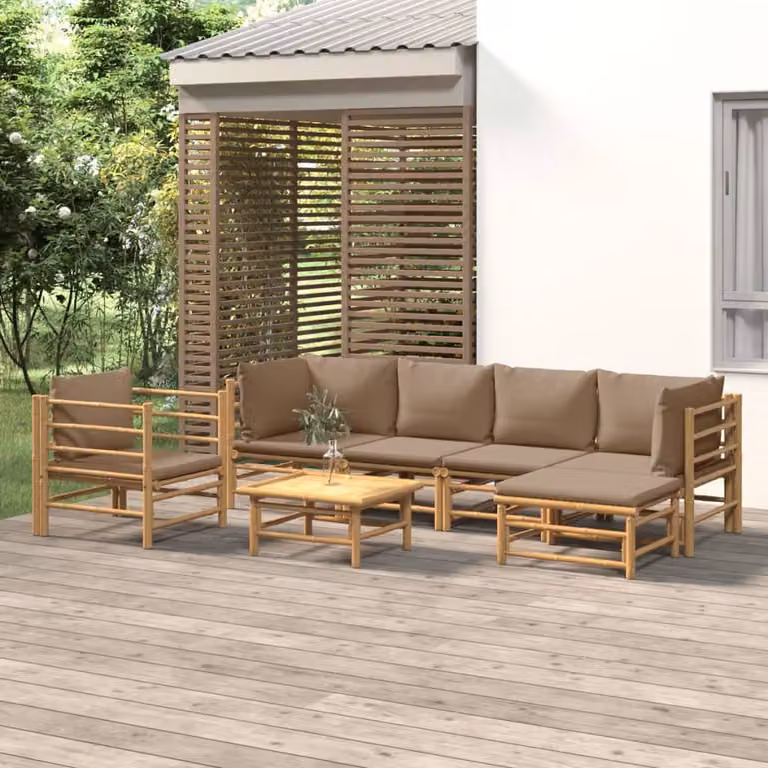 Set Salotto da Giardino vidaXL 7pz in Bambù con Cuscini Tortora e Marrone