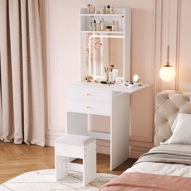 Toeletta con specchio LED dimmerabile tre tonalità 2 cassetti 2 vani aperti piano pieghevole bianca 75 × 45 × 156 cm