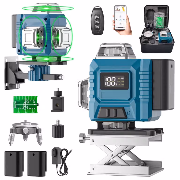 Livella laser a croce 4D a 16 linee - Autolivellante - Alluminio e plastica - Nera - Per livellamento di precisione