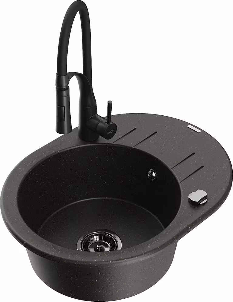 Mexen Kevin lavello in granito monocomparto con scolapiatti e rubinetto da cucina Aster, nero/oro metallizzato