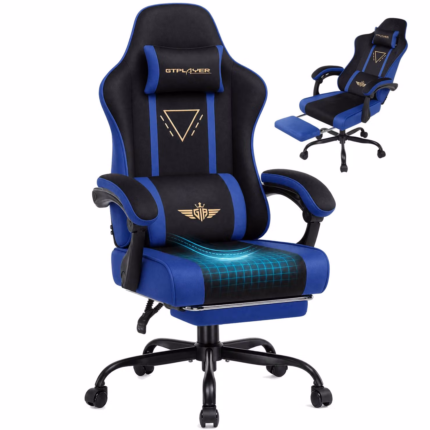 Sedia da gaming GTPLAYER, ergonomica, con rivestimento in tessuto, cuscino imbottito, braccioli regolabili e poggiapiedi, capacità di carico fino a 150 kg, colore nero