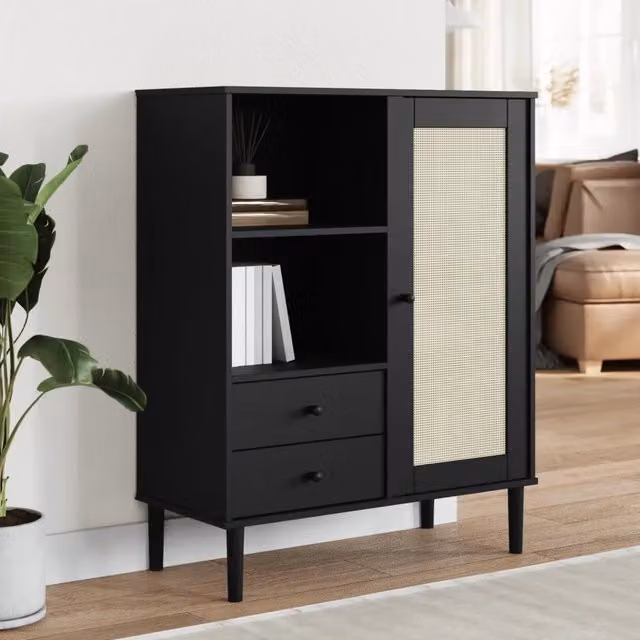 Credenza SENJA vidaXL in legno di pino massello e rattan, colore nero, L 90 cm, P 40 cm, H 112 cm – 1