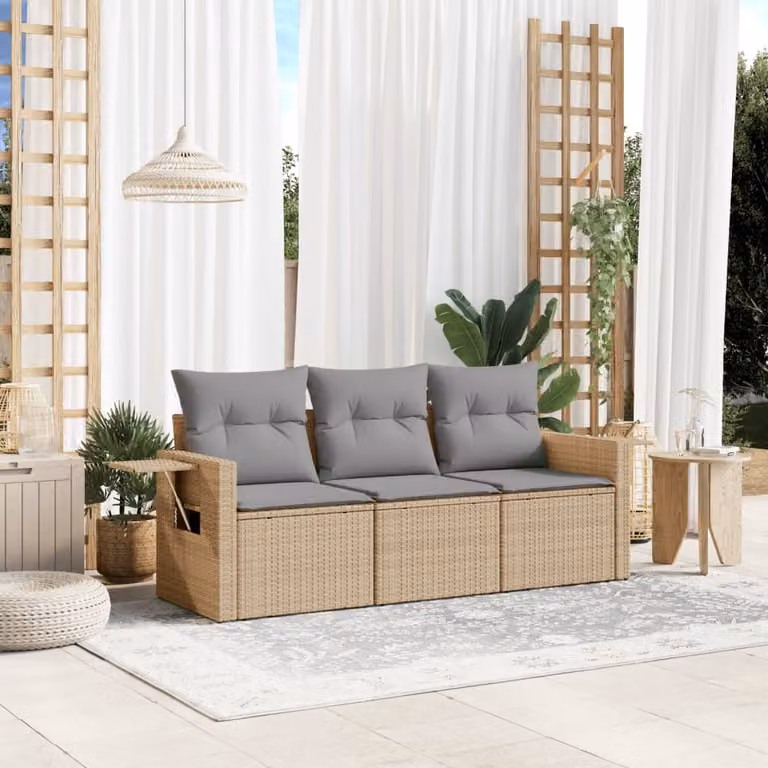 Set Divano da Giardino vidaXL in Polyrattan con Cuscini Beige e Tavolino da Esterno